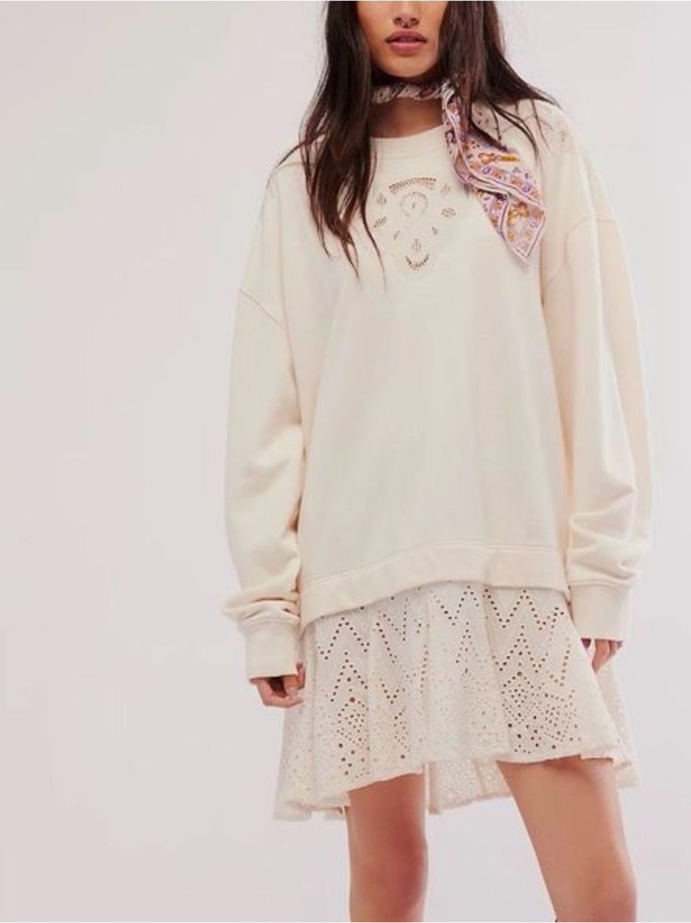 Free People Prairie Sweatshirt Tunic Dress Eyelet Lace Swing Hem Ivory Sz Small - Picture 5 of 9